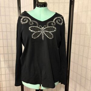 Black oversized long sleeve top with beaded rhinestone dragonfly design